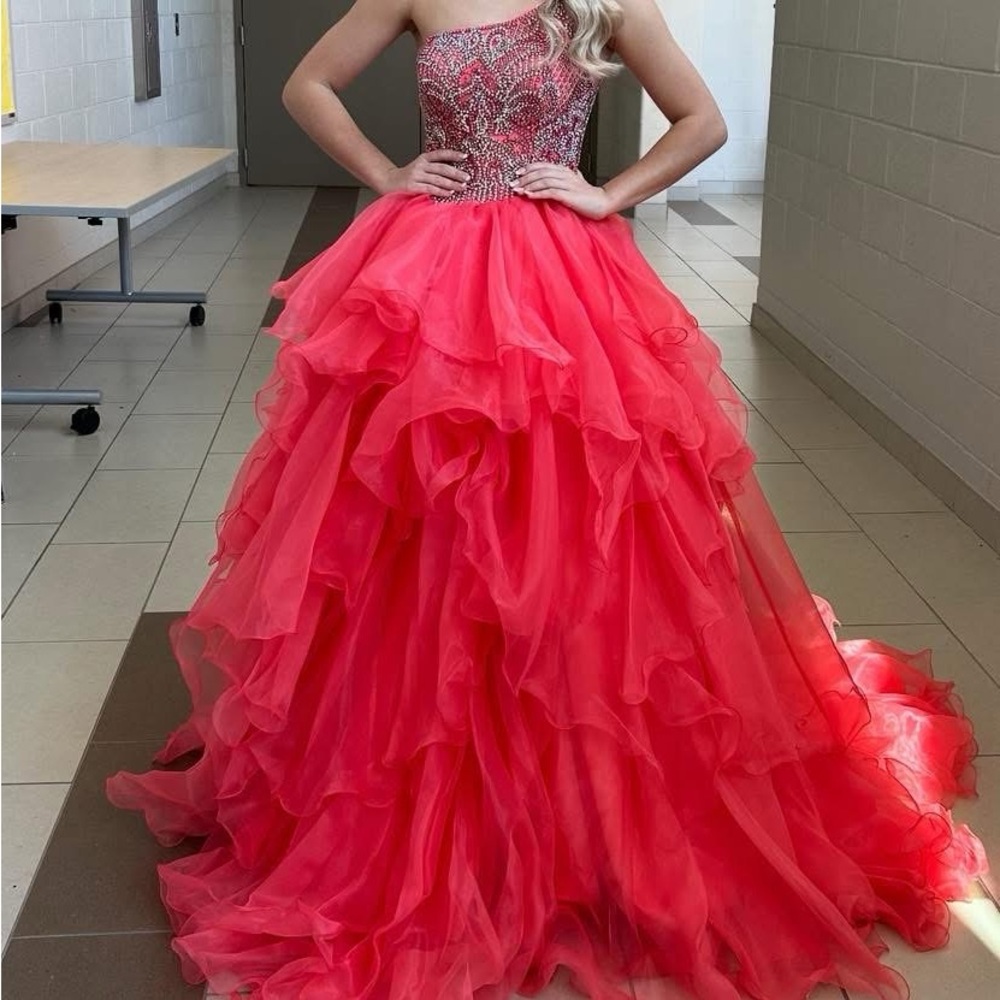 Rachel Allan Coral One-Shoulder Ruffled Ball Gown